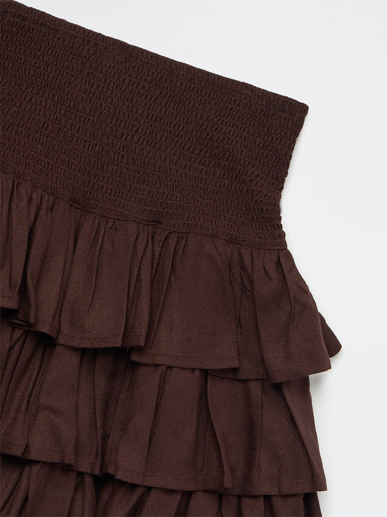 Y&F Kids Girls Brown Ruffled High-Rise Tiered Skirt - Image 5