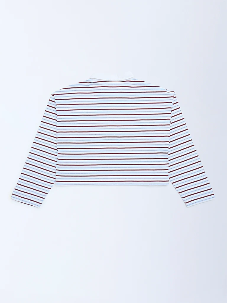 Y&F Kids Girls Brown Striped Cotton Polo T-Shirt - Image 2