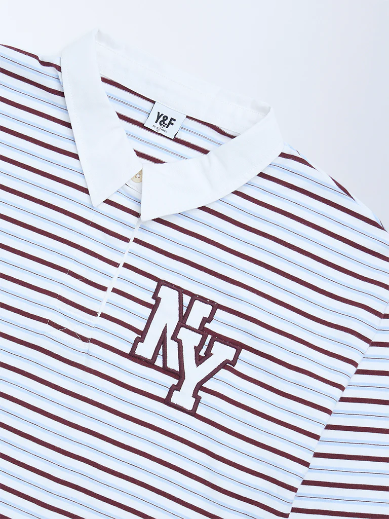 Y&F Kids Girls Brown Striped Cotton Polo T-Shirt - Image 3