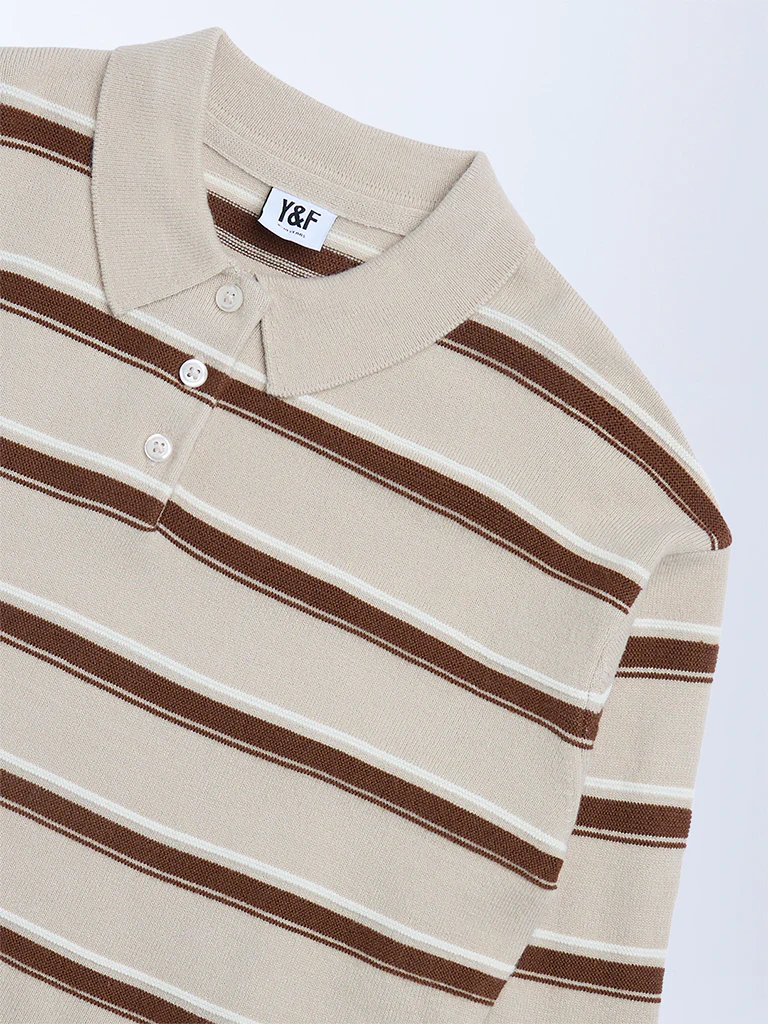 Y&F Kids Girls Brown Striped Sweater - Image 3