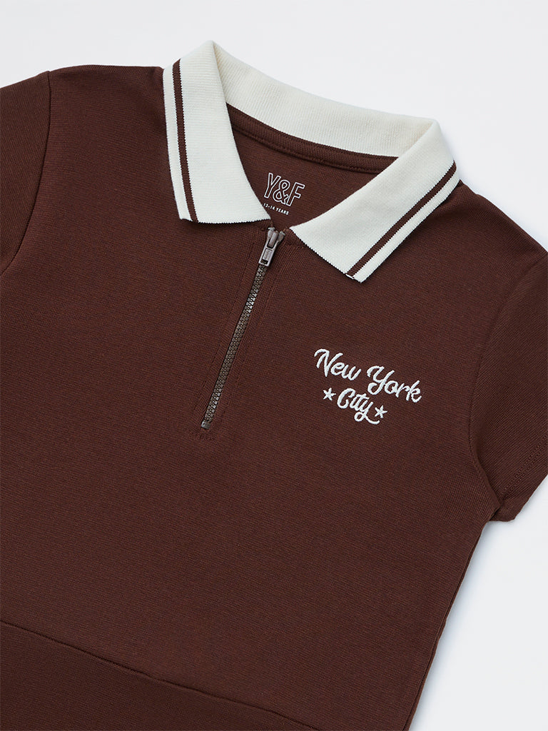Y&F Kids Girls Brown Text Design Cotton-Blend Tennis Dress - Image 4