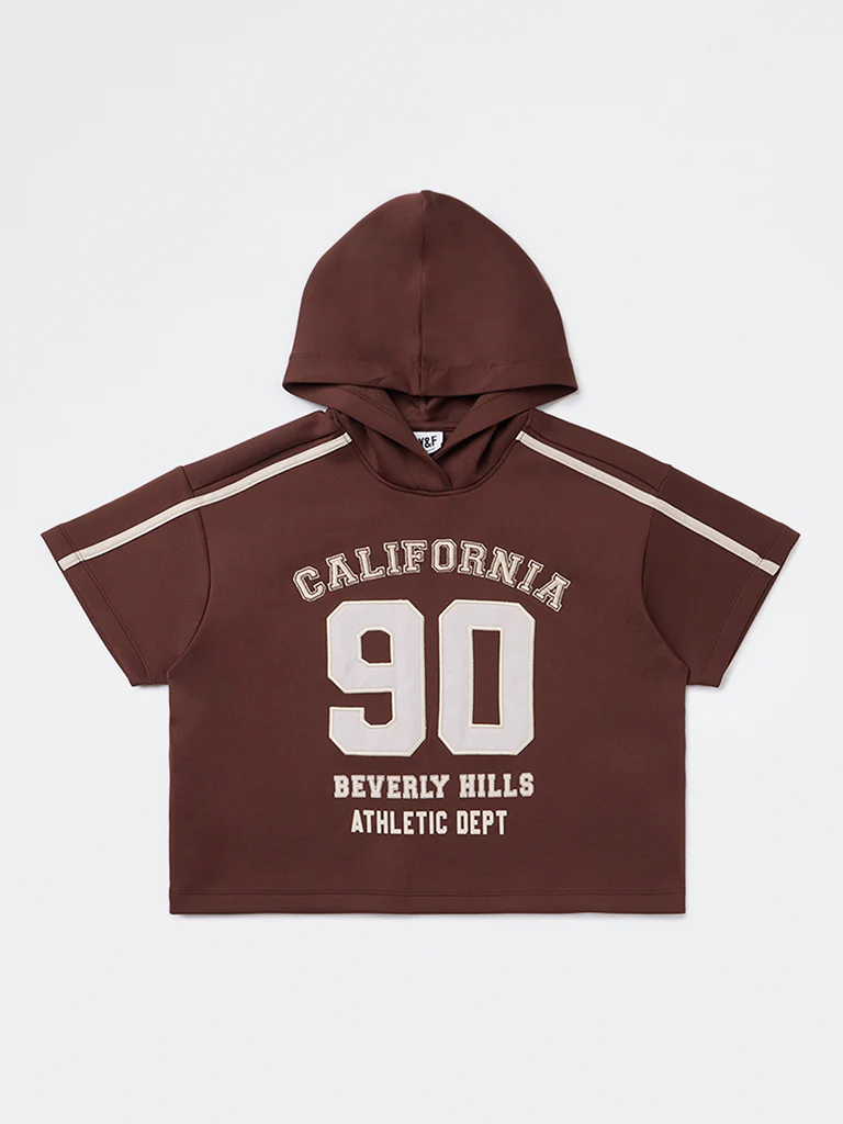Y&F Kids Girls Brown Text Detailed Hoodie