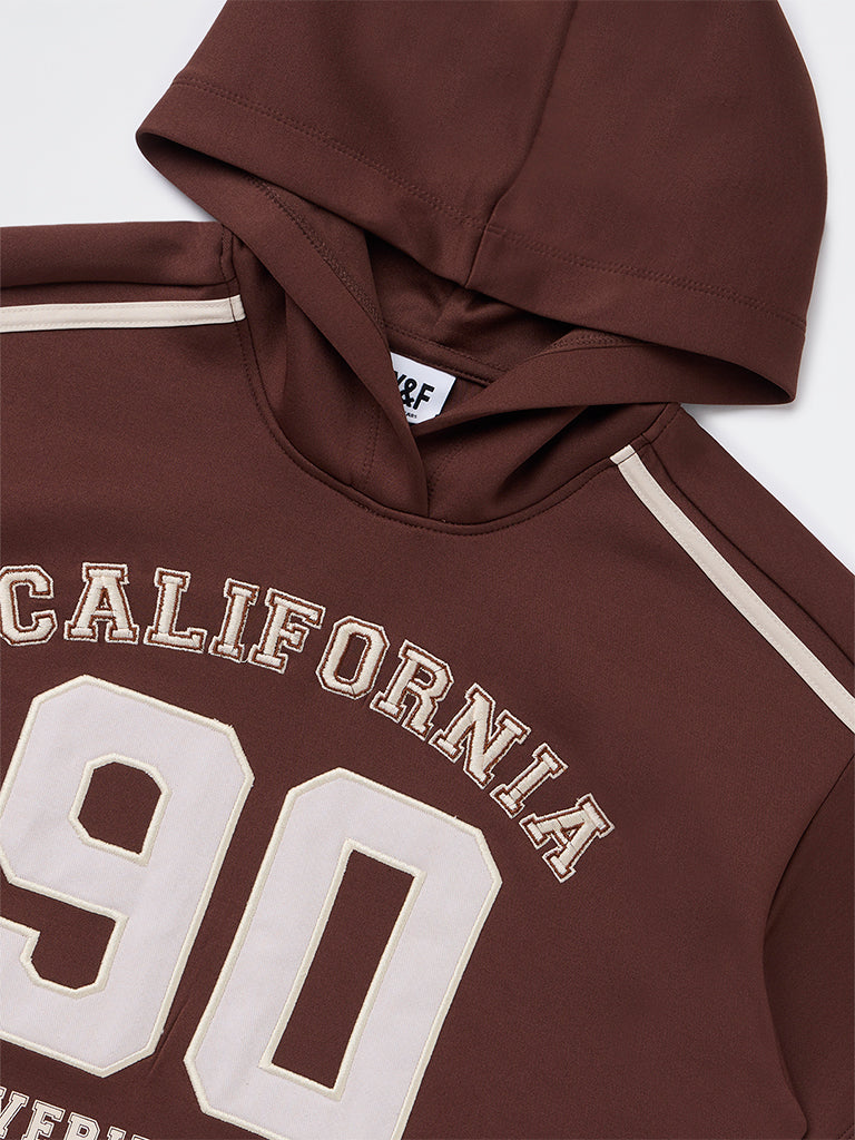 Y&F Kids Girls Brown Text Detailed Hoodie - Image 4