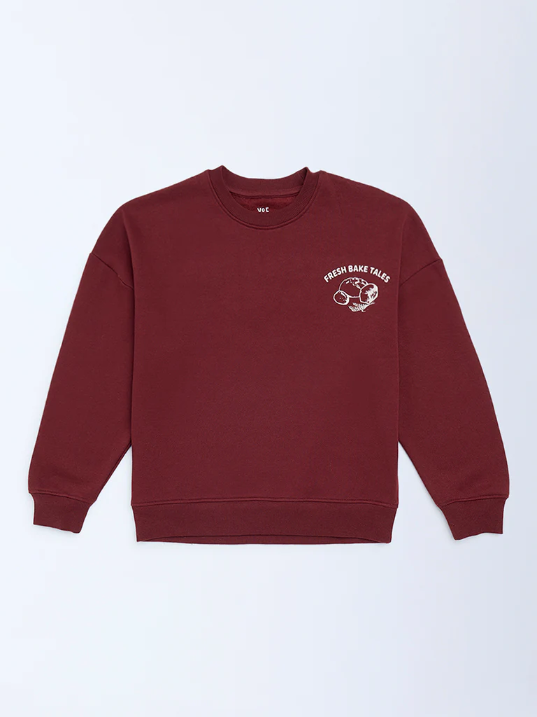 Y&F Kids Girls Burgundy Printed Cotton-Blend Sweatshirt