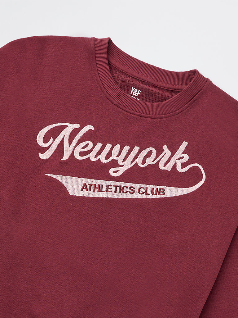 Y&F Kids Girls Burgundy Typographic Cotton-Blend Sweatshirt - Image 5
