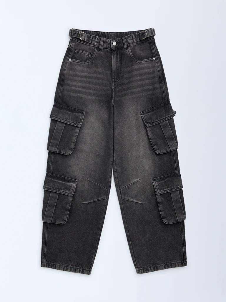 Y&F Kids Girls Charcoal Faded Relaxed-Fit Mid-Rise Jeans