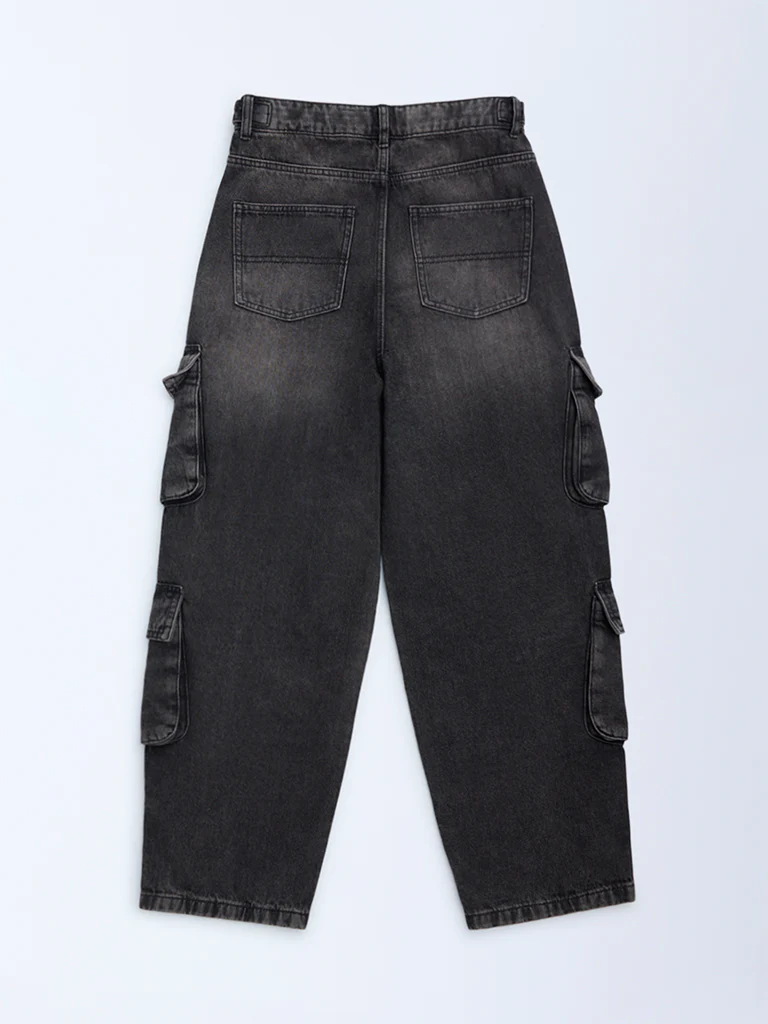 Y&F Kids Girls Charcoal Faded Relaxed-Fit Mid-Rise Jeans - Image 2