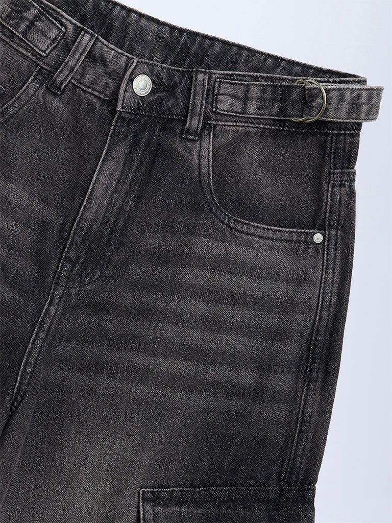 Y&F Kids Girls Charcoal Faded Relaxed-Fit Mid-Rise Jeans - Image 3