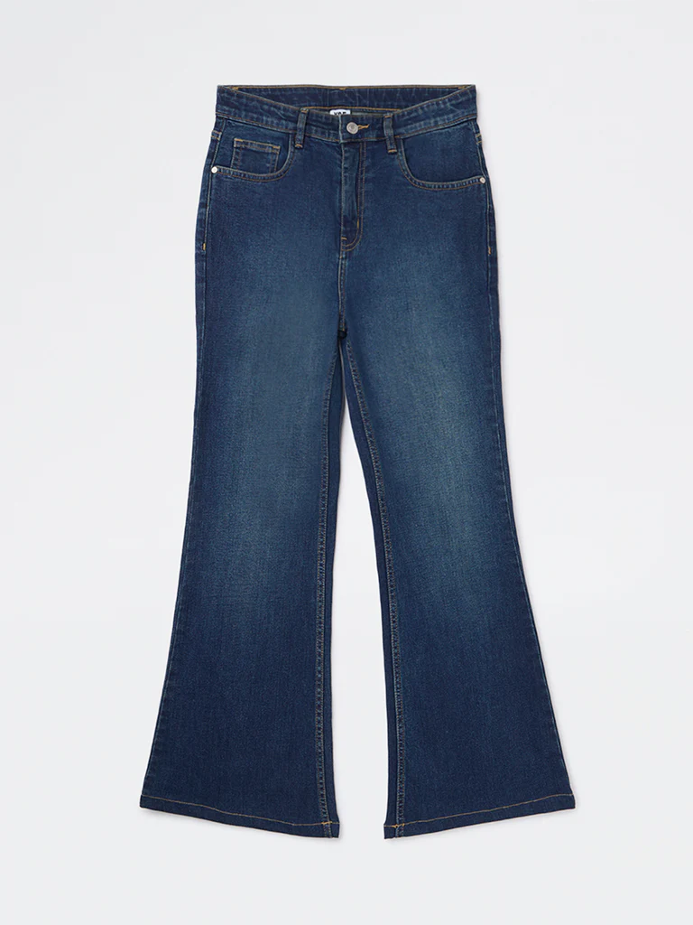 Y&F Kids Girls Dark Blue Faded Relaxed-Fit High-Rise Jeans
