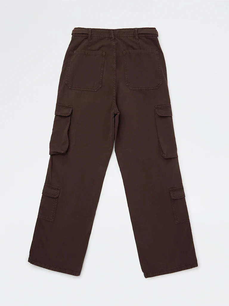 Y&F Kids Girls Dark Brown Mid-Rise Cotton Cargo Trousers - Image 2