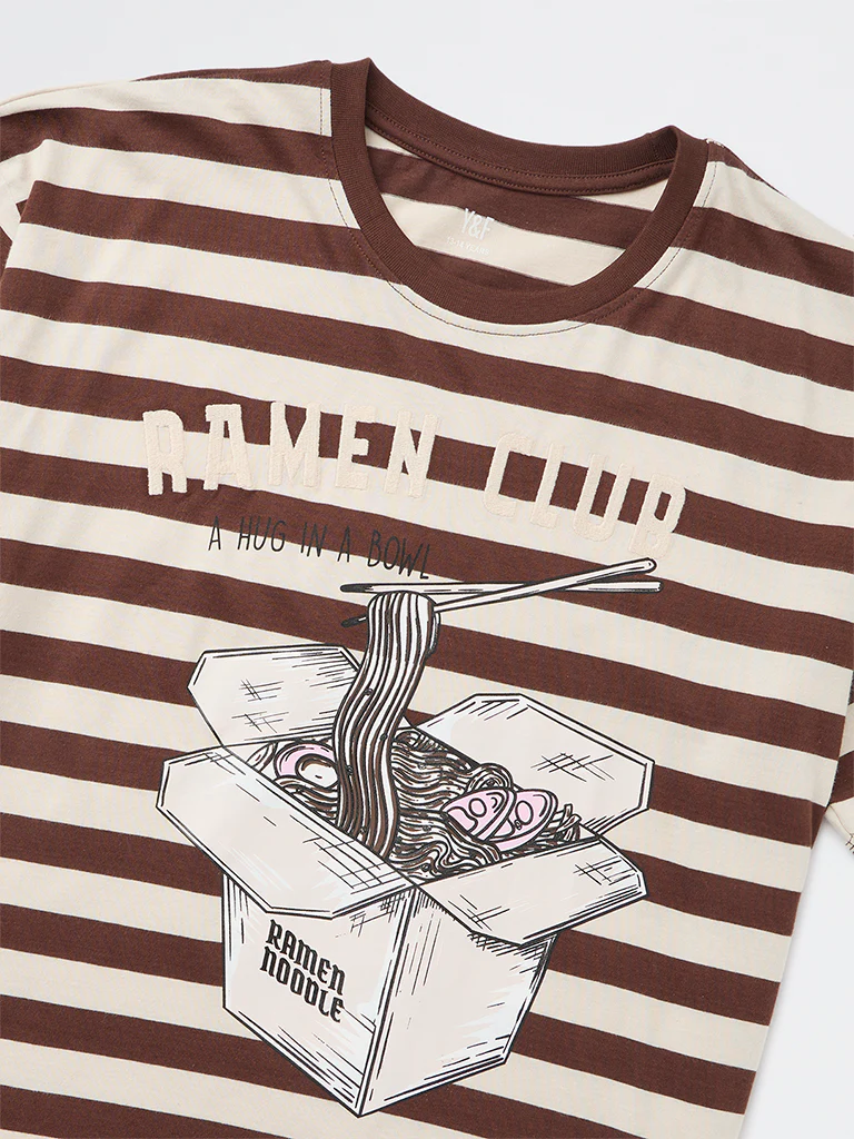 Y&F Kids Girls Dark Brown Striped Cotton T-Shirt - Image 4