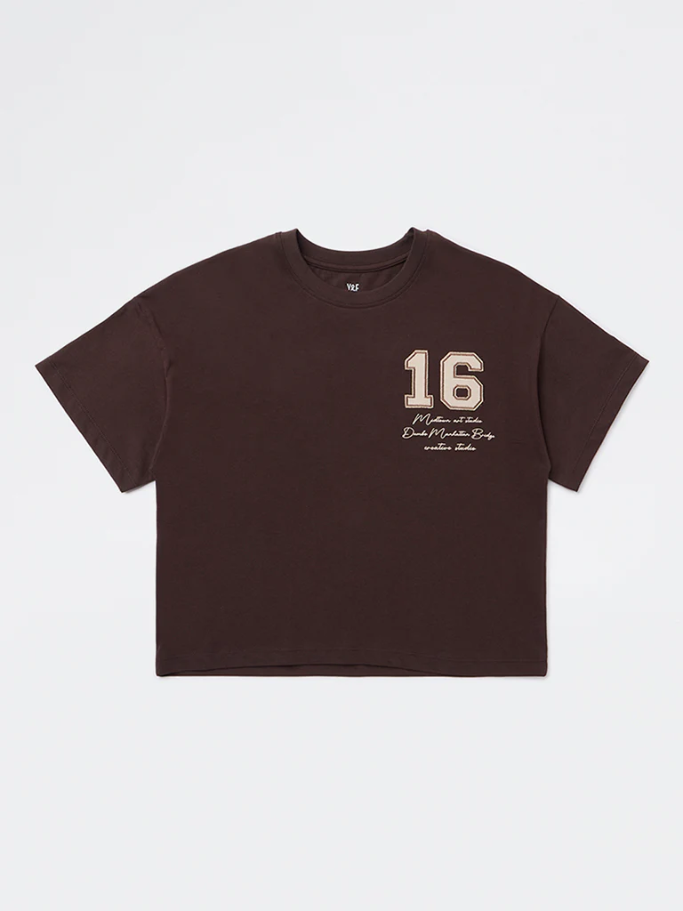 Y&F Kids Girls Dark Brown Text Detailed Cotton T-Shirt