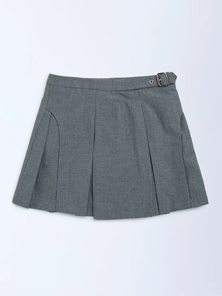 Y&F Kids Girls Grey Box Pleated High-Rise Cotton-Blend Skirt