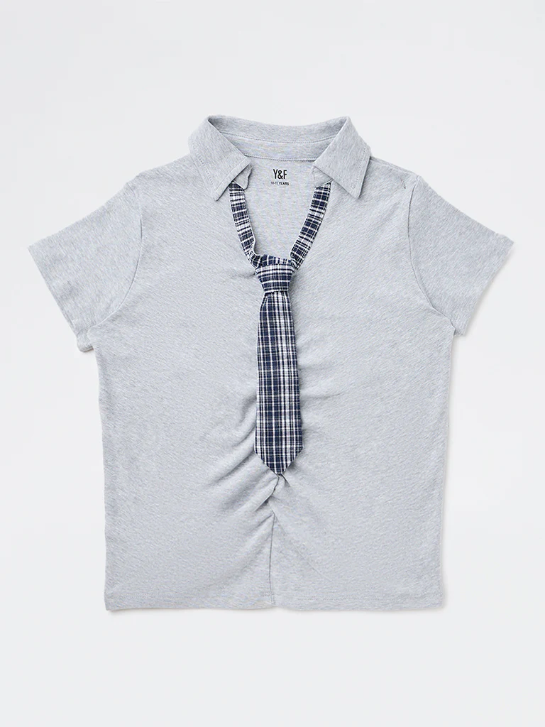 Y&F Kids Girls Grey Cotton-Blend Top with Tie - Image 3