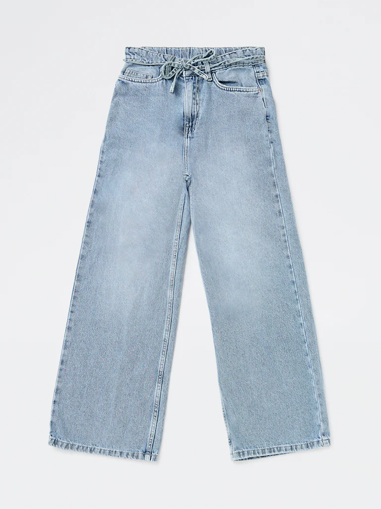 Y&F Kids Girls Light Blue High-Rise Relaxed-Fit Belt-Detailed Jeans - Image 3