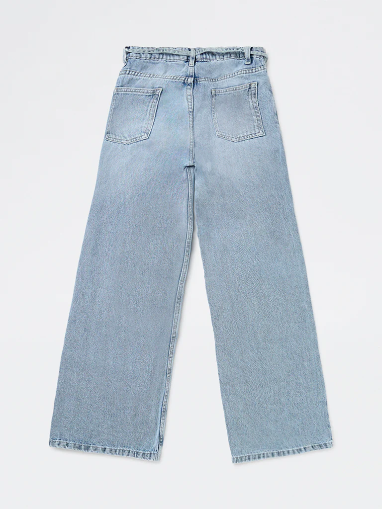 Y&F Kids Girls Light Blue High-Rise Relaxed-Fit Belt-Detailed Jeans - Image 4