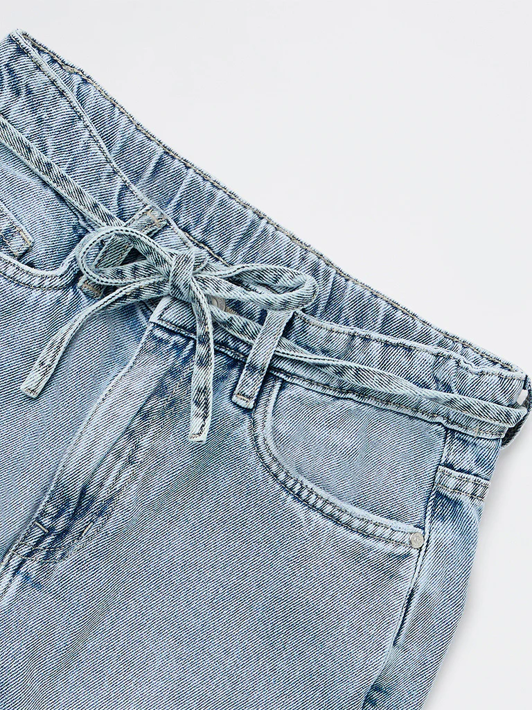 Y&F Kids Girls Light Blue High-Rise Relaxed-Fit Belt-Detailed Jeans - Image 5