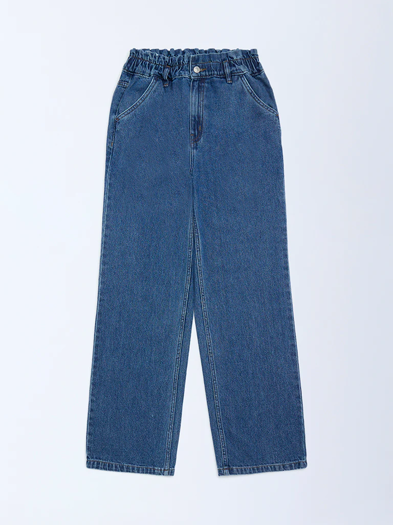 Y&F Kids Girls Light Blue Washed Straight-Fit High-Rise Jeans