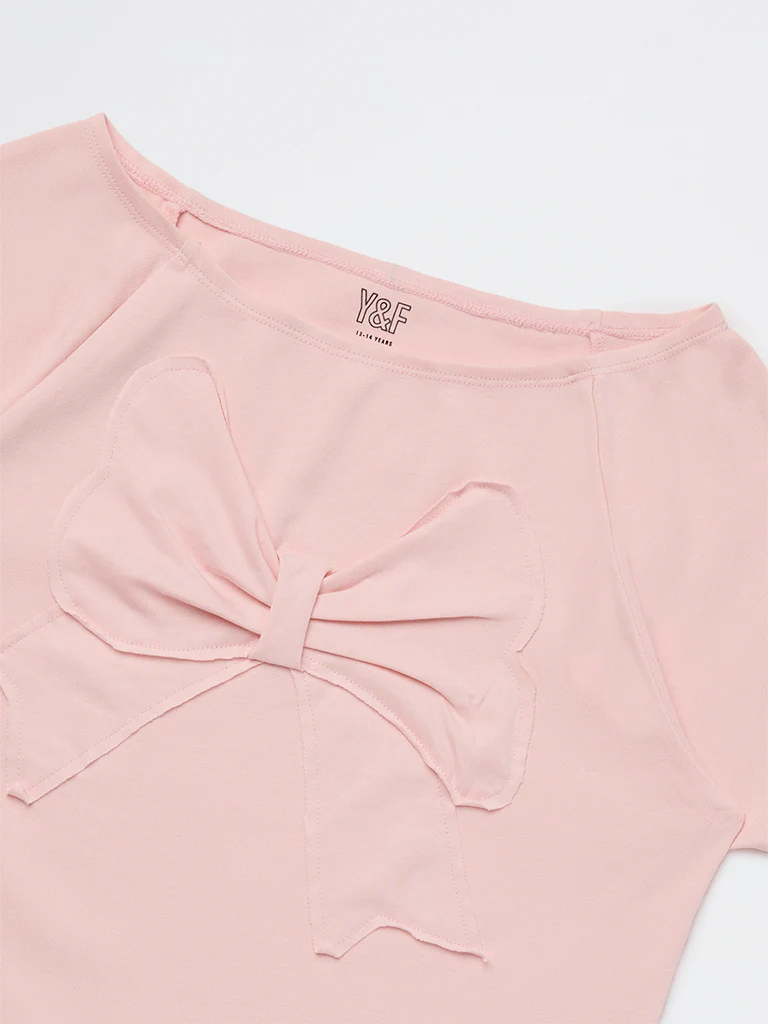 Y&F Kids Girls Light Pink Bow Design Cotton-Blend Top - Image 4