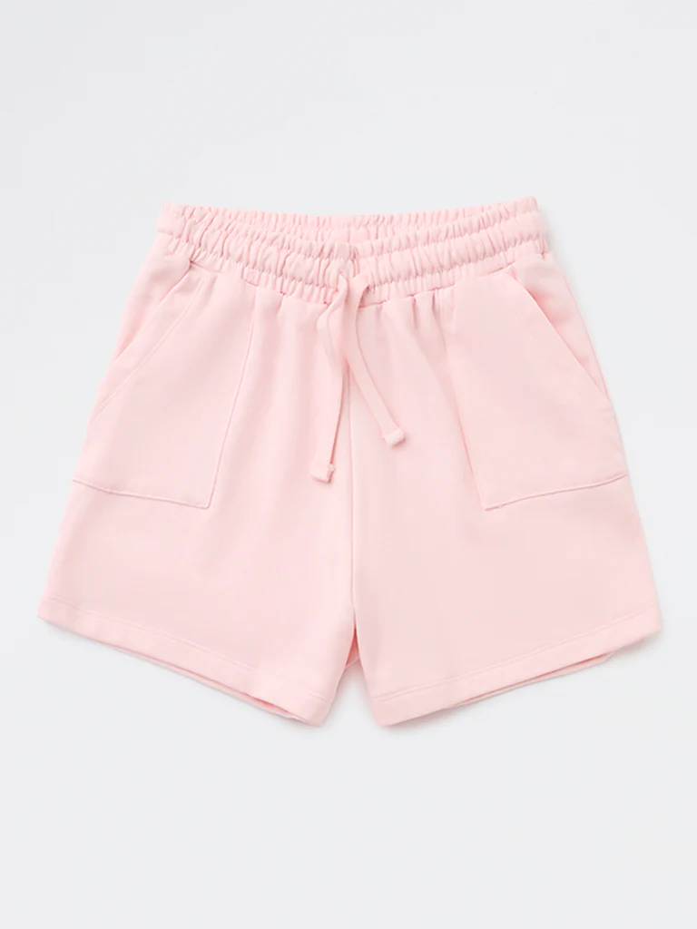 Y&F Kids Girls Light Pink Solid High-Rise Cotton-Blend Shorts - Image 4