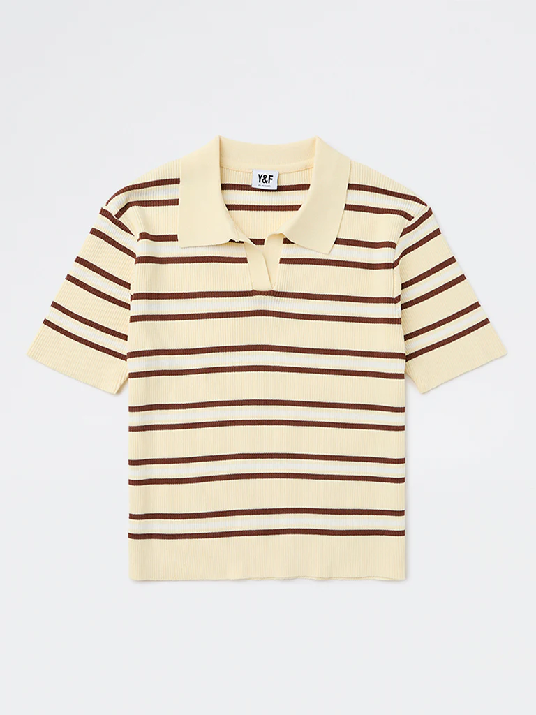Y&F Kids Girls Light Yellow Striped Textured T-Shirt - Image 3