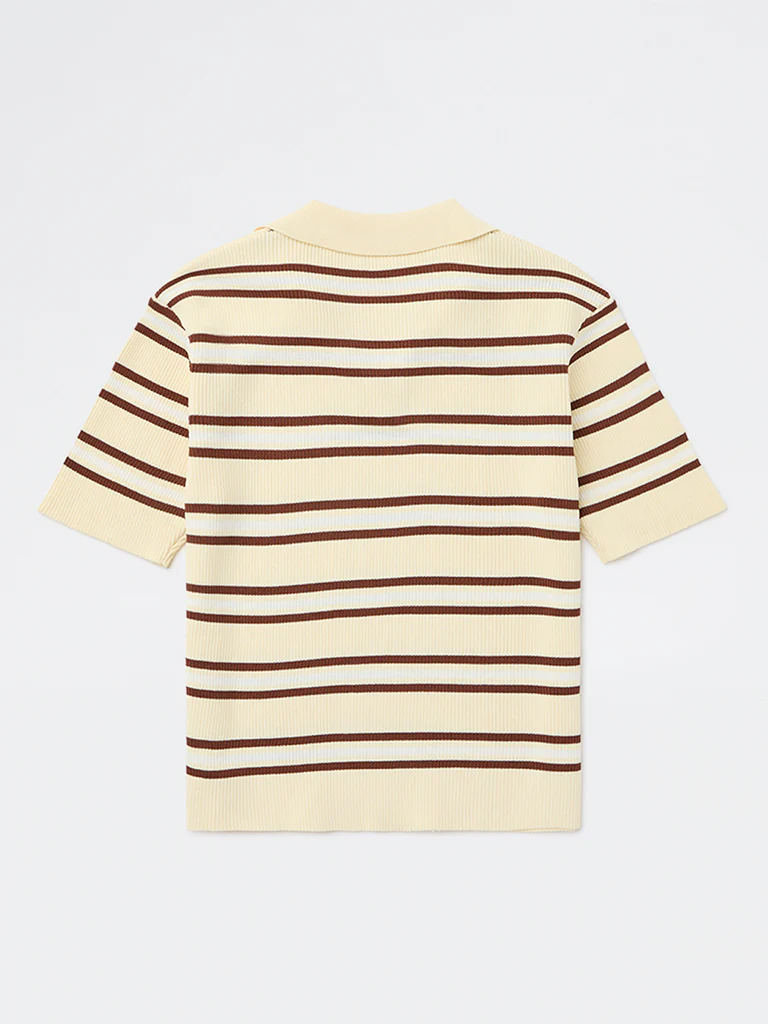 Y&F Kids Girls Light Yellow Striped Textured T-Shirt - Image 4