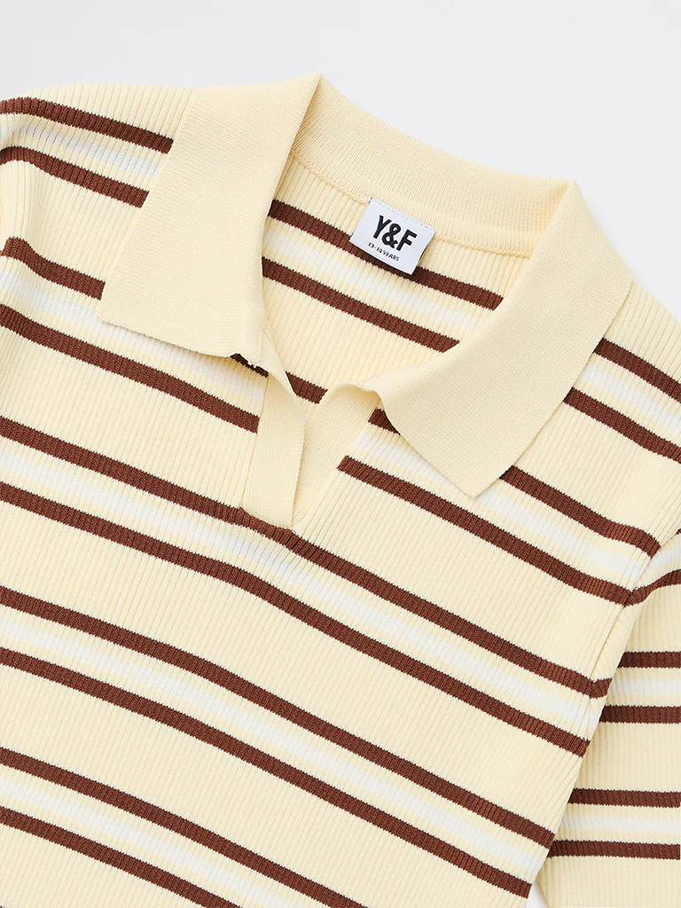 Y&F Kids Girls Light Yellow Striped Textured T-Shirt - Image 5