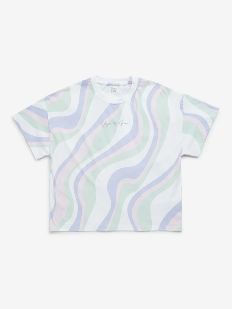 Y&F Kids Girls Multicolour Wave Design Cotton T-Shirt