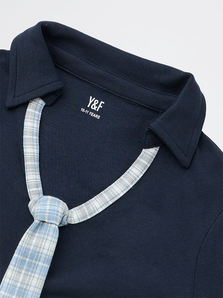 Y&F Kids Girls Navy Cotton-Blend T-Shirt with Tie - Image 3