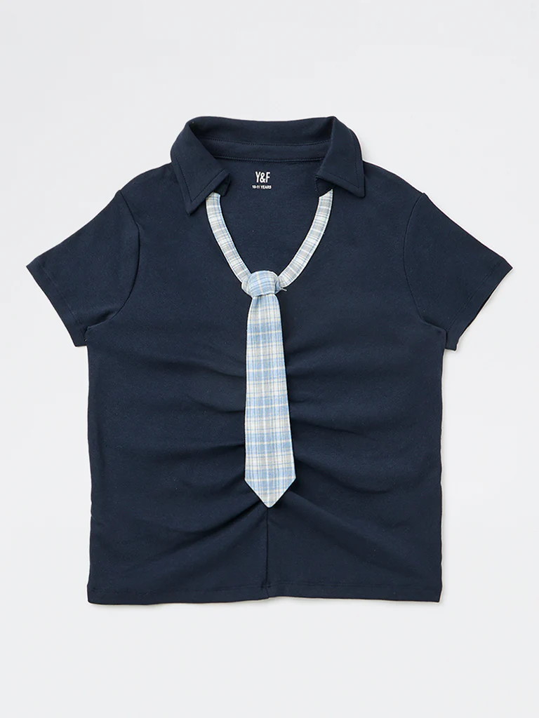 Y&F Kids Girls Navy Cotton-Blend Tie Detailed Top