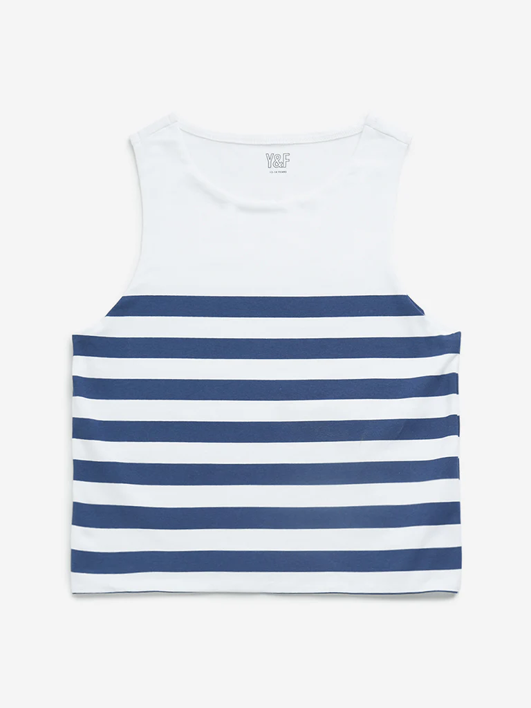Y&F Kids Girls Navy Striped Cotton T-Shirt