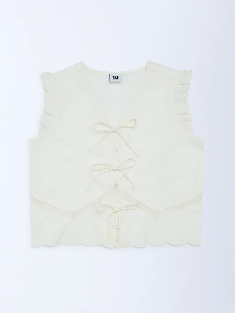 Y&F Kids Girls Off-White Bow-Detailed Cotton Top