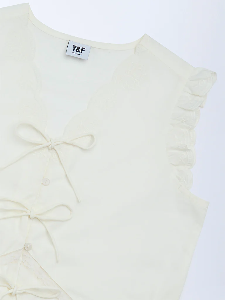 Y&F Kids Girls Off-White Bow-Detailed Cotton Top - Image 4