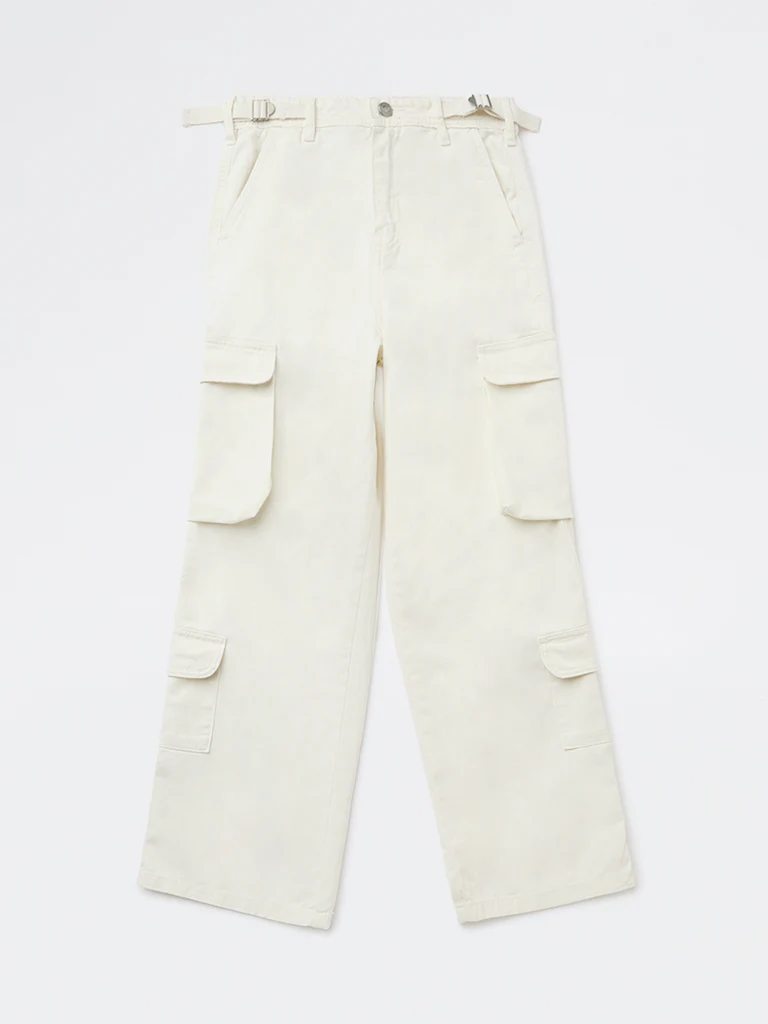 Y&F Kids Girls Off-White High-Rise Cotton Trousers
