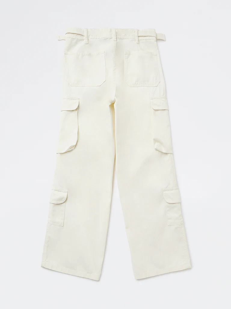 Y&F Kids Girls Off-White High-Rise Cotton Trousers - Image 2