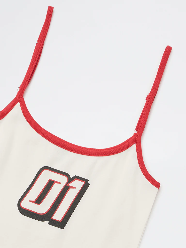 Y&F Kids Girls Off-White Printed Cotton-Blend Spaghetti Top - Image 3