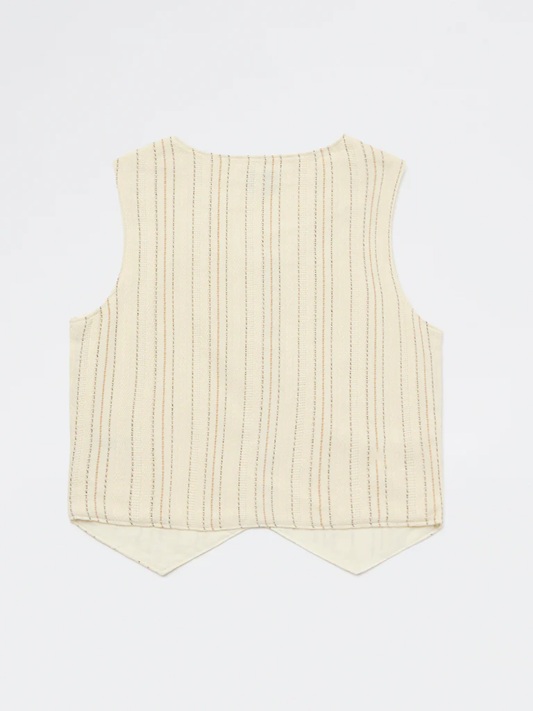 Y&F Kids Girls Off-White Striped Cotton-Blend Waistcoat - Image 5