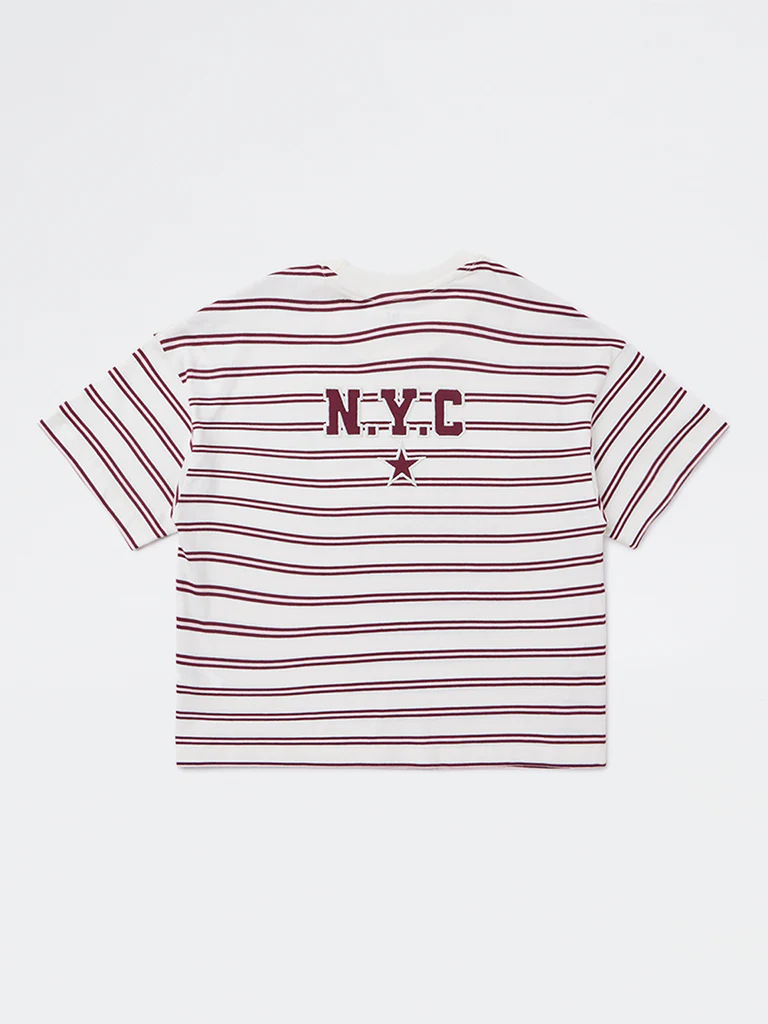 Y&F Kids Girls Off-White Striped Cotton T-Shirt - Image 2