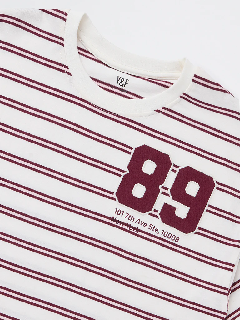 Y&F Kids Girls Off-White Striped Cotton T-Shirt - Image 3