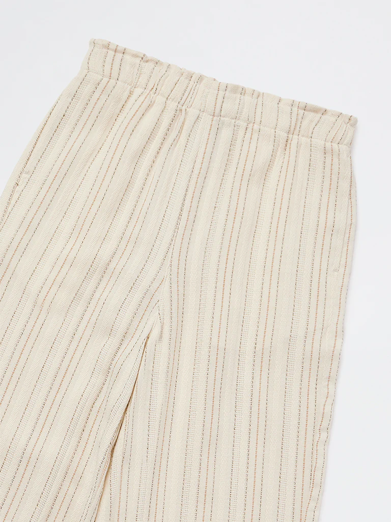 Y&F Kids Girls Off-White Striped Mid-Rise Cotton-Blend Trousers - Image 4