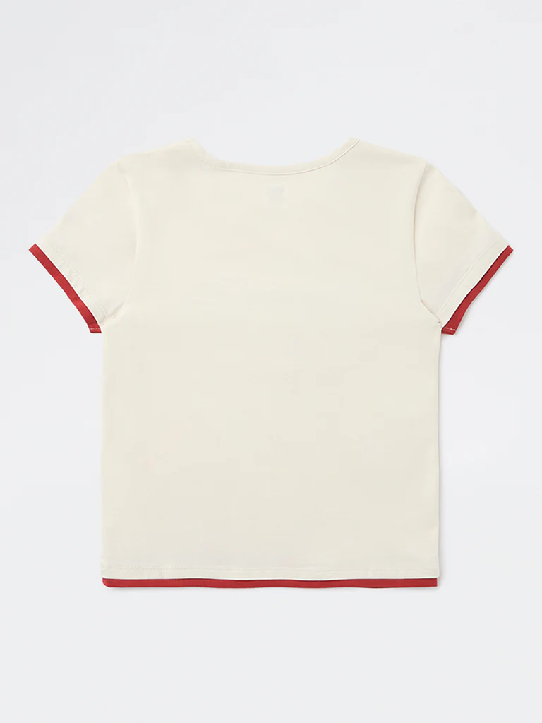 Y&F Kids Girls Off-White Text Design Cotton-Blend T-Shirt - Image 3