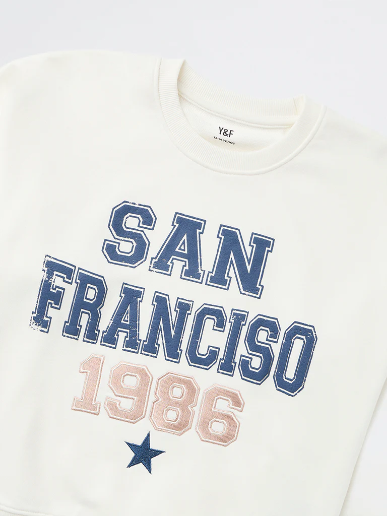 Y&F Kids Girls Off-White Text Printed Cotton-Blend Sweatshirt - Image 4