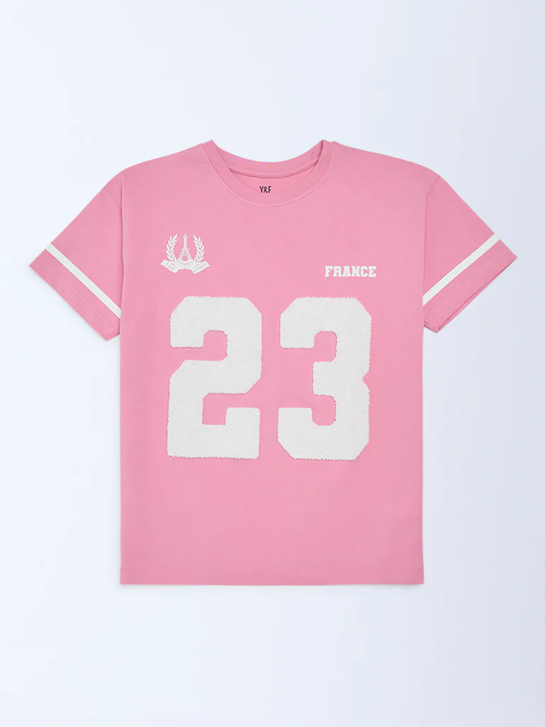 Y&F Kids Girls Pink Printed Cotton T-Shirt