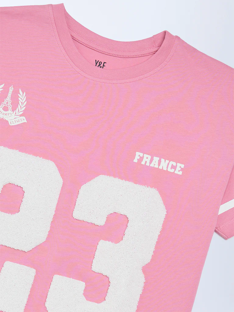 Y&F Kids Girls Pink Printed Cotton T-Shirt - Image 3