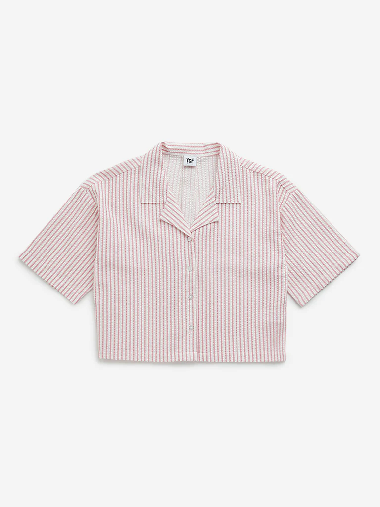 Y&F Kids Girls Pink Seersucker Striped Cotton Shirt