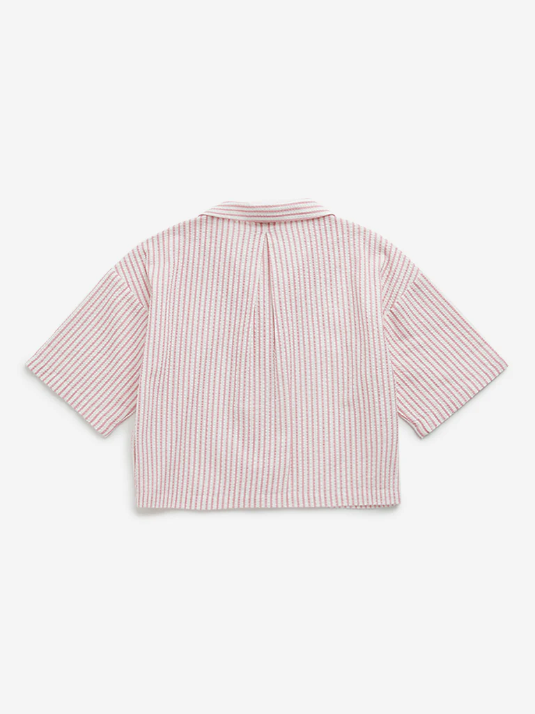 Y&F Kids Girls Pink Seersucker Striped Cotton Shirt - Image 3