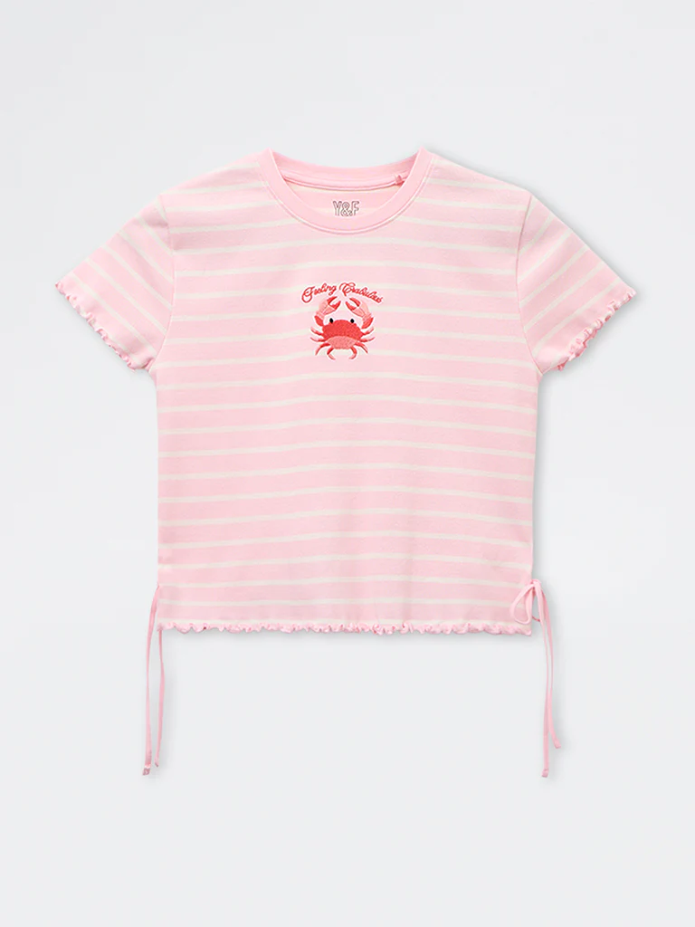 Y&F Kids Girls Pink Striped Cotton-Blend T-Shirt - Image 4