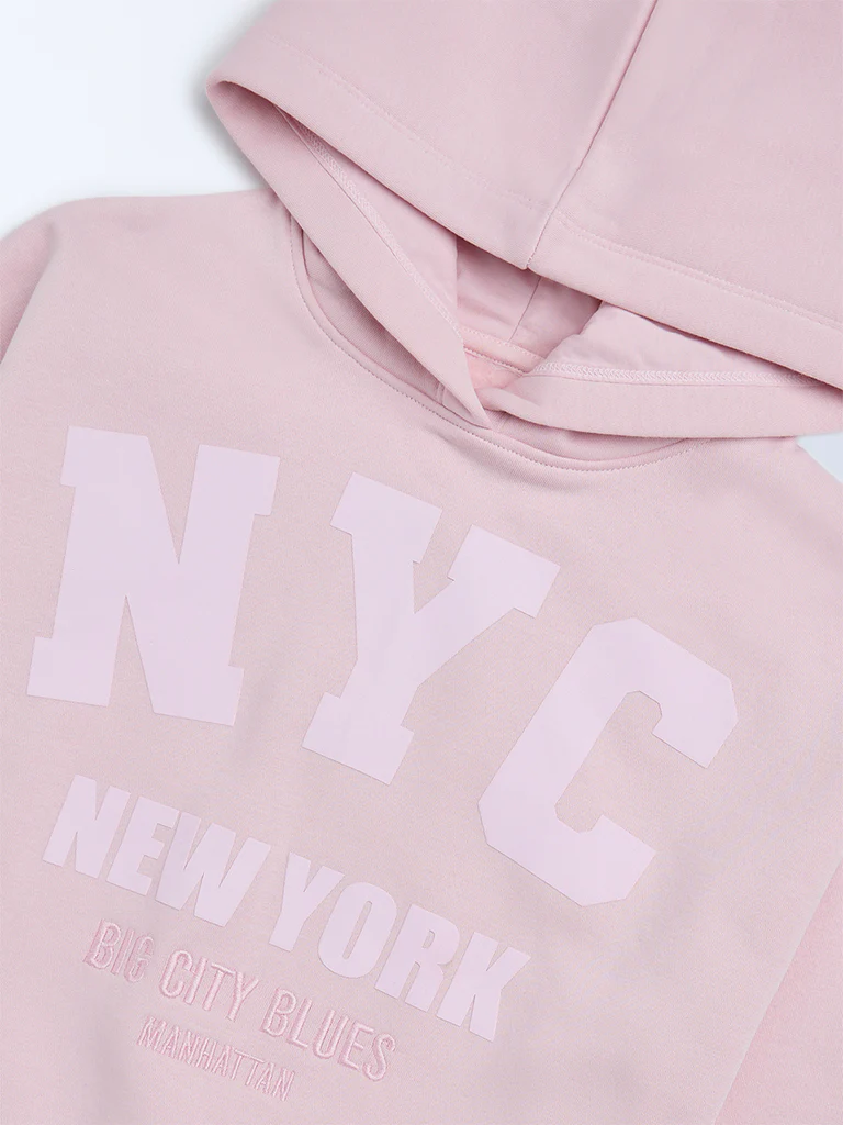 Y&F Kids Girls Pink Text Design Cotton-Blend Hoodie - Image 3