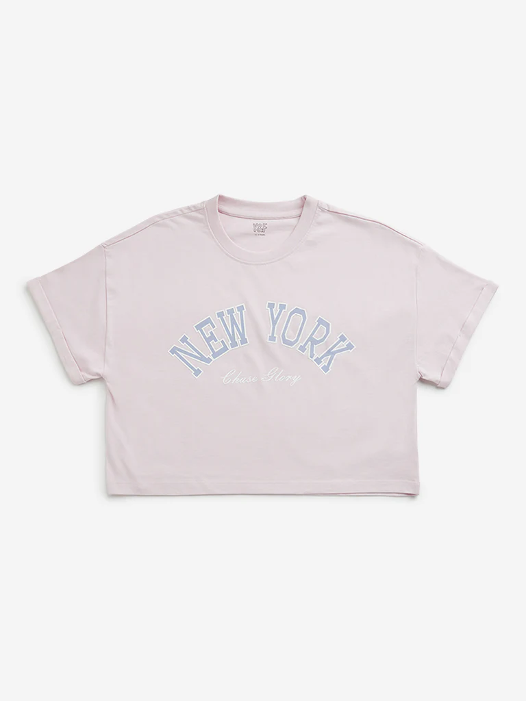 Y&F Kids Girls Pink Text Design Cropped Cotton T-Shirt