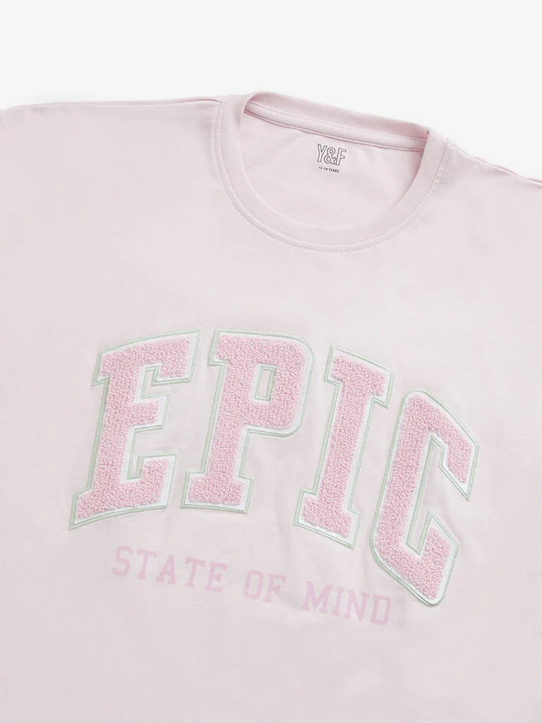 Y&F Kids Girls Pink Text Embroidered Cotton T-Shirt - Image 3